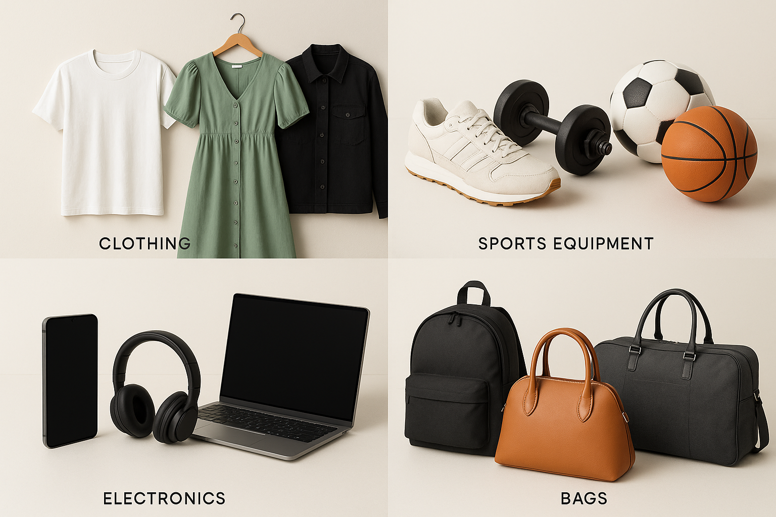 Clothing, Sports, Electronic and bags shop